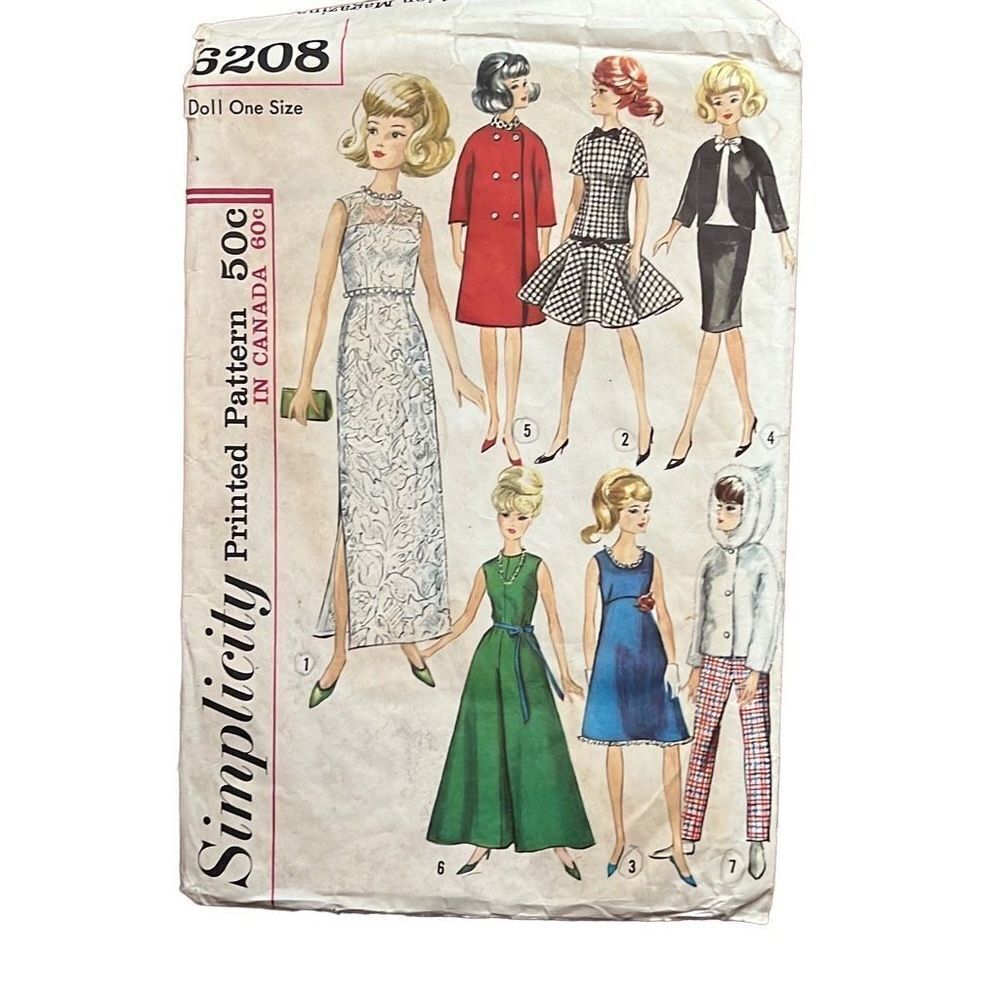 Vintage Simplicity 6208‎ Doll One Size Sewing Pattern (1965)